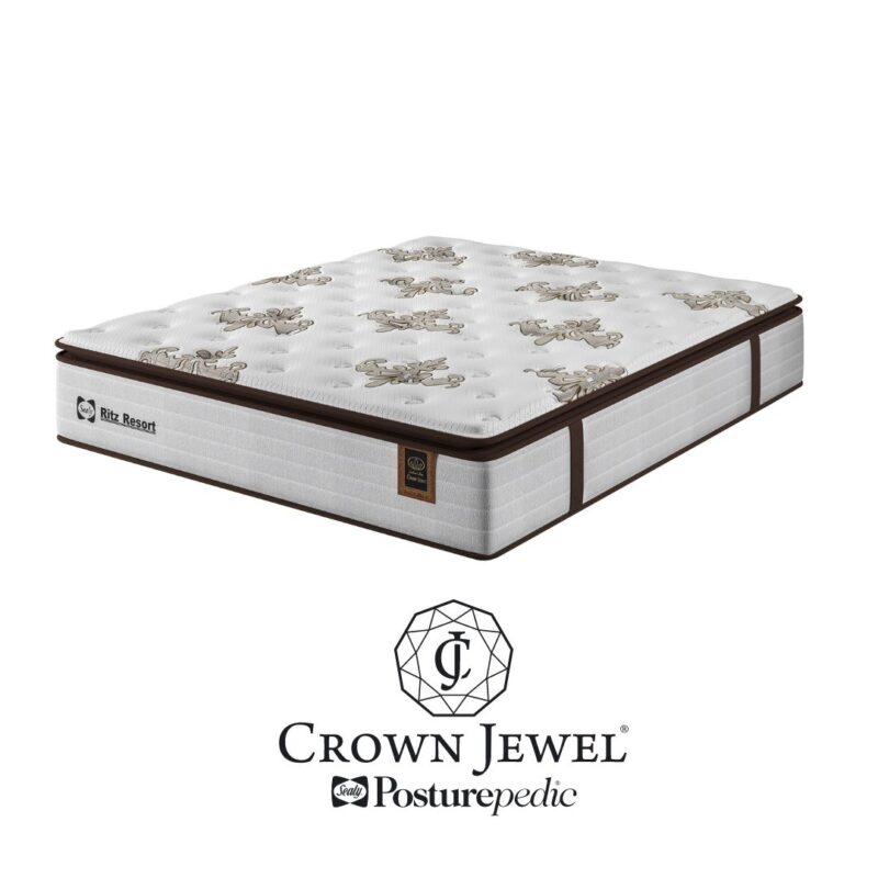 Imagem detalhada do Colchão Ritz Resort Sealy destacando suas camadas de espuma Soft Gel e o sistema de molas ensacadas DSS, com acabamento em Malha Coleção Flor de Lis 380g para destacar o conforto e a tecnologia de ponta.